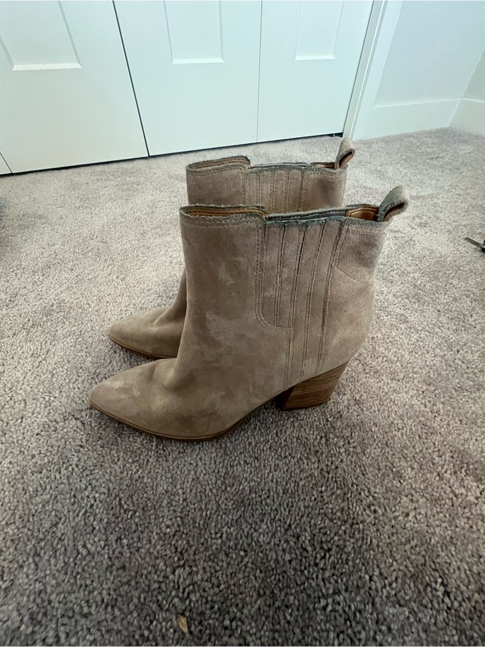 Marc Fisher Taupe Suede Ankle Booties with Stacked Heel